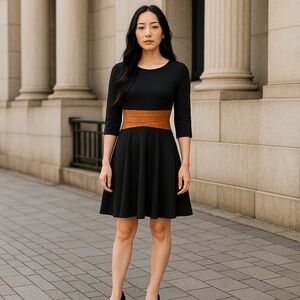 Shani Vintage Genuine Leather Waist Band Elbow Length Sleeves Grey Midi Dress